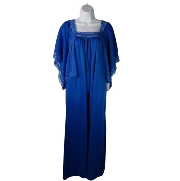 Vtg 70s royal blue long kimono sleeve maxi dress new - Picture 2 of 9
